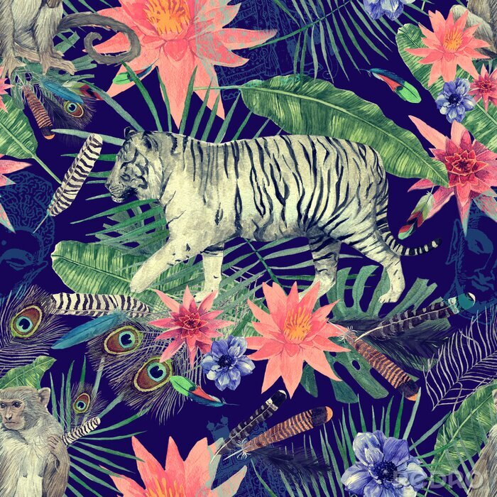 Papier peint à motif  Tigre et singes sur un fond de plantes exotiques