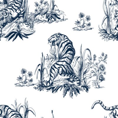 Papier peint à motif  Tigre peint et plantes sur fond blanc