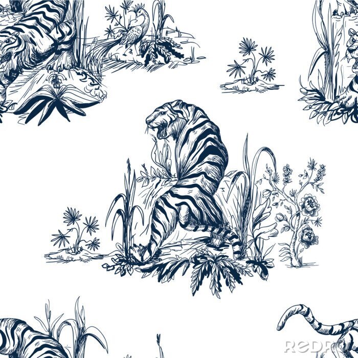 Papier peint à motif  Tigre peint et plantes sur fond blanc