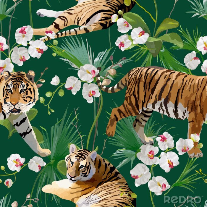 Papier peint à motif  Tigres en fleurs tropicales et fond de feuilles de palmier, Seamless Pattern en vecteur