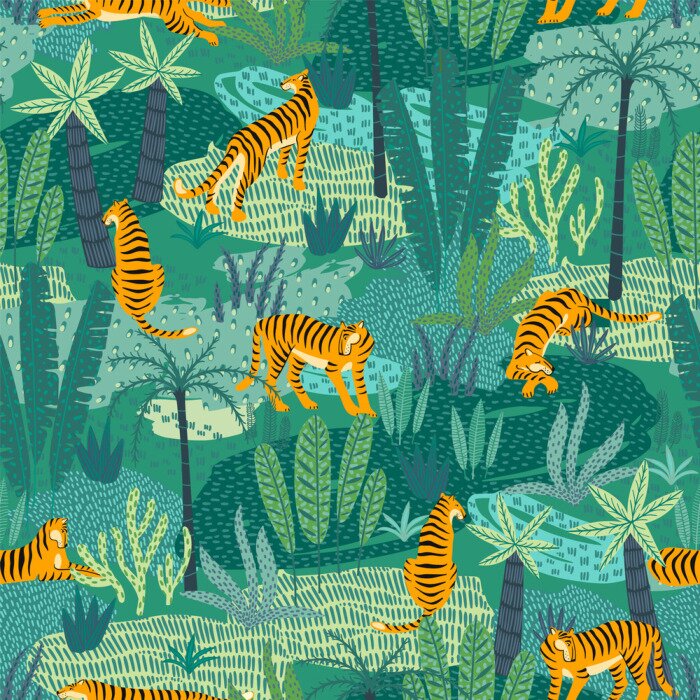 Papier peint à motif  Tigres et feuilles de palmier vertes