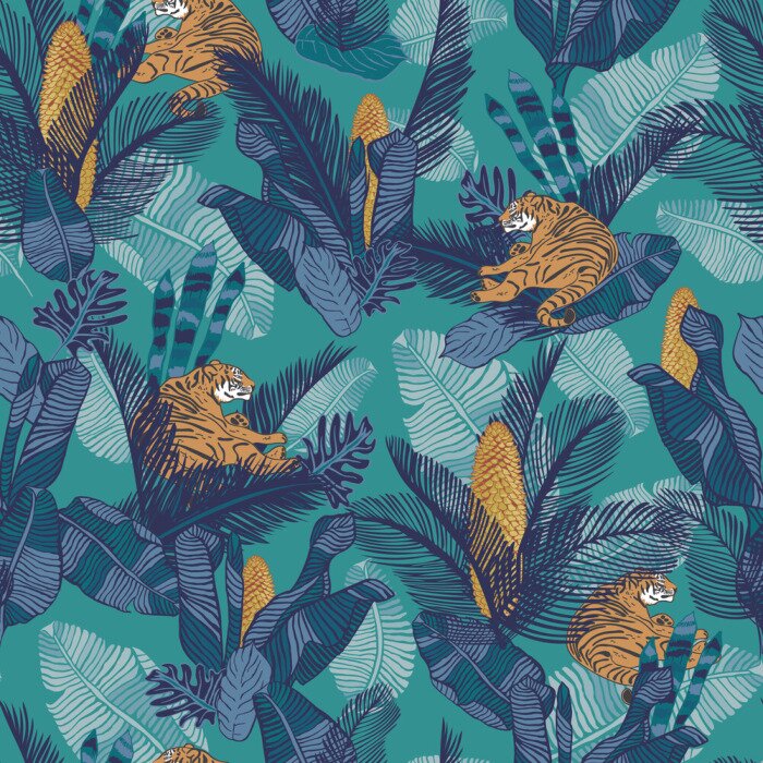 Papier peint à motif  Tigres et plantes tropicales