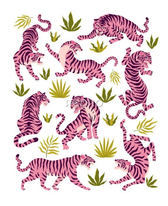 Papier peint à motif  Tigres roses