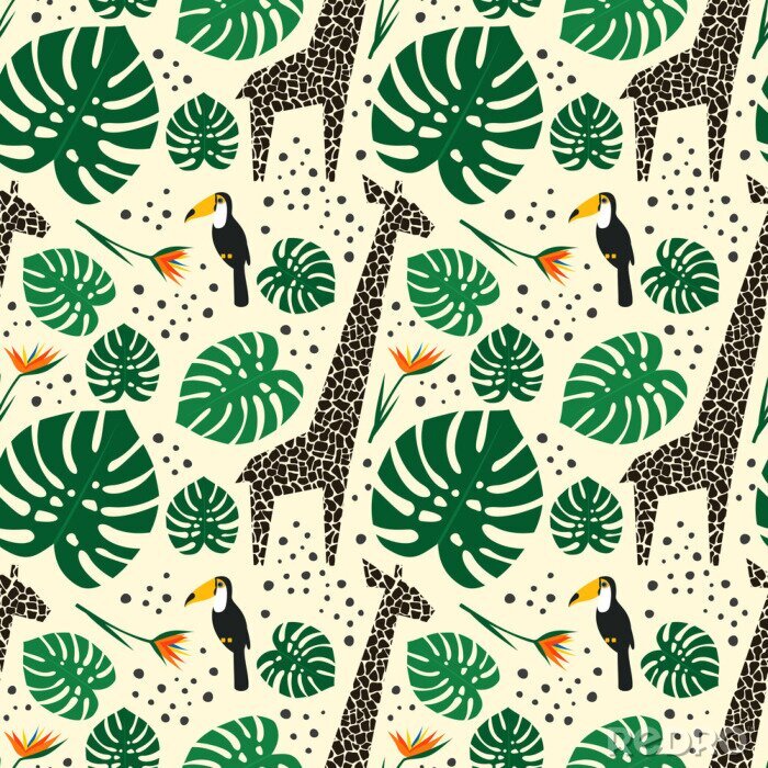 Papier peint à motif  Toucans et feuilles de monstera