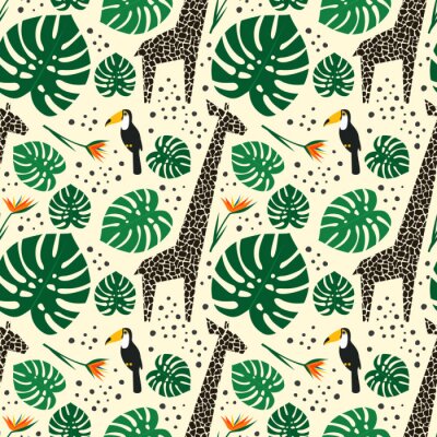 Papier peint à motif  Toucans et feuilles de monstera