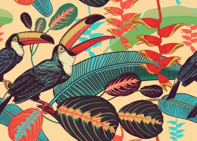 Papier peint à motif  Toucans et feuilles rouge-turquoise