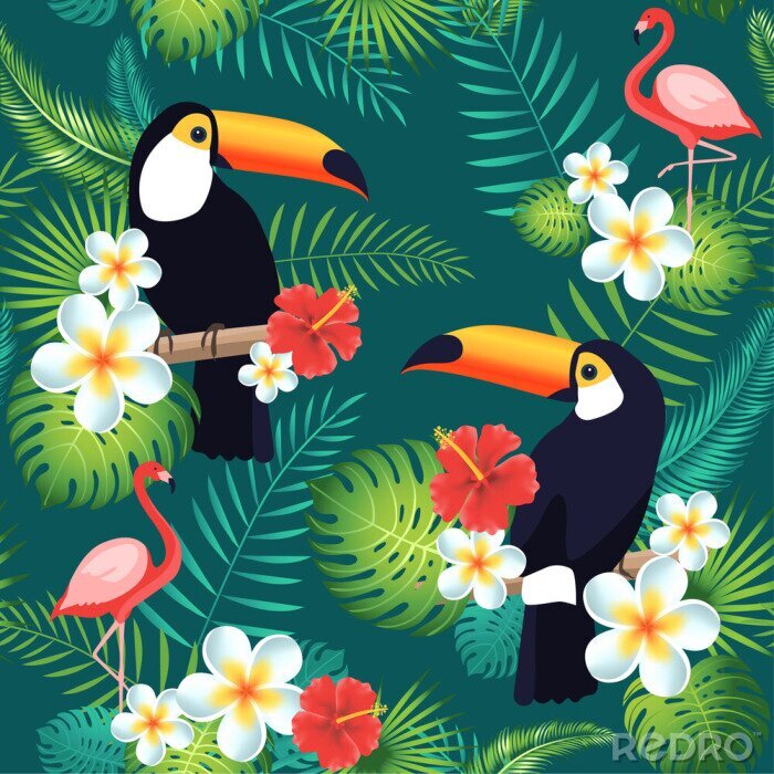 Papier peint à motif  Toucans et flamants roses