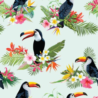 Papier peint à motif  Toucans sur des plantes exotiques