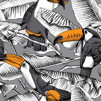 Papier peint à motif  Toucans sur fond de plantes tropicales