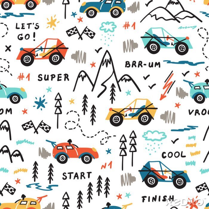 Papier peint à motif  Toy Racing Cars Vector Seamless Pattern with Doodle Buggy Car and Highlands. Cartoon Transportation Background for Kids.