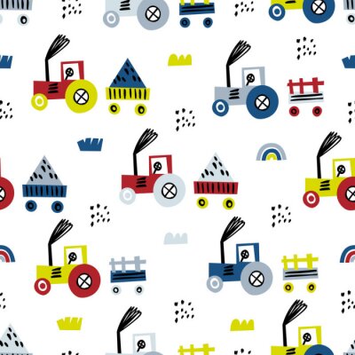 Papier peint à motif  Tractor seamless pattern. Funny cute hand drawn kids toy transport. Baby cartoon tractor vector seamless pattern on white background.