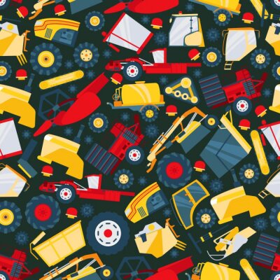 Papier peint à motif  Tractor, truck car, big worker machine seamless pattern, flat vector illustration. Mechanical engineering, machinery, transporter. Wrapping design paper, packaging, banner for harvest technics.