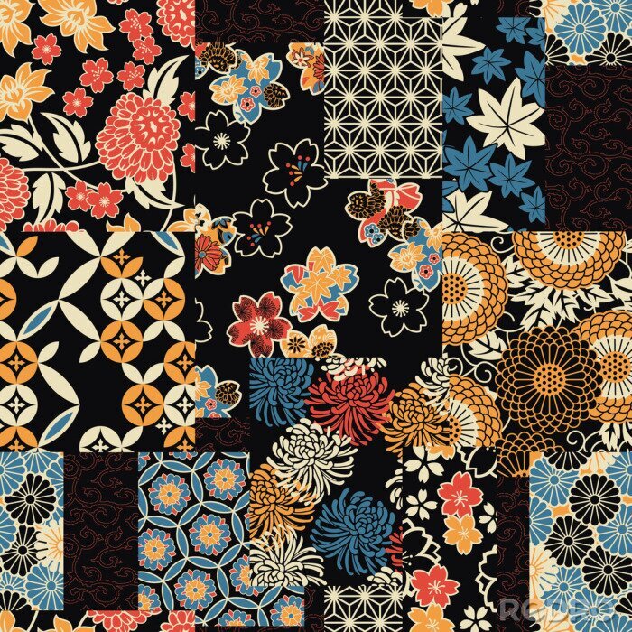 Papier peint à motif  Traditional Japanese textile fabric patchwork wallpaper  abstract floral vector seamless pattern