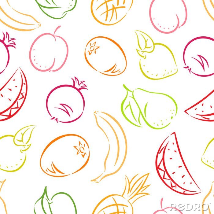 Papier peint à motif  Traits colorés de fruits sur fond blanc