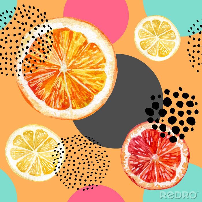 Papier peint à motif  Tranches de citrons et d'oranges sur un fond coloré avec des points