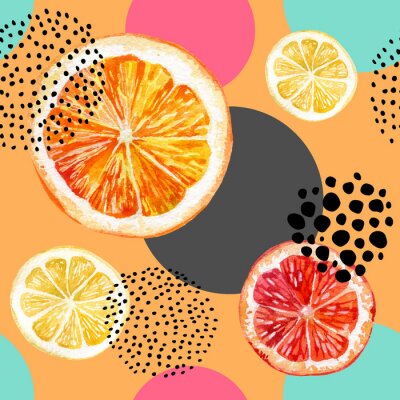 Papier peint à motif  Tranches de citrons et d'oranges sur un fond coloré avec des points