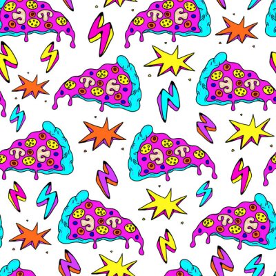 Papier peint à motif  Tranches de pizza colorées avec des étoiles et des éclairs