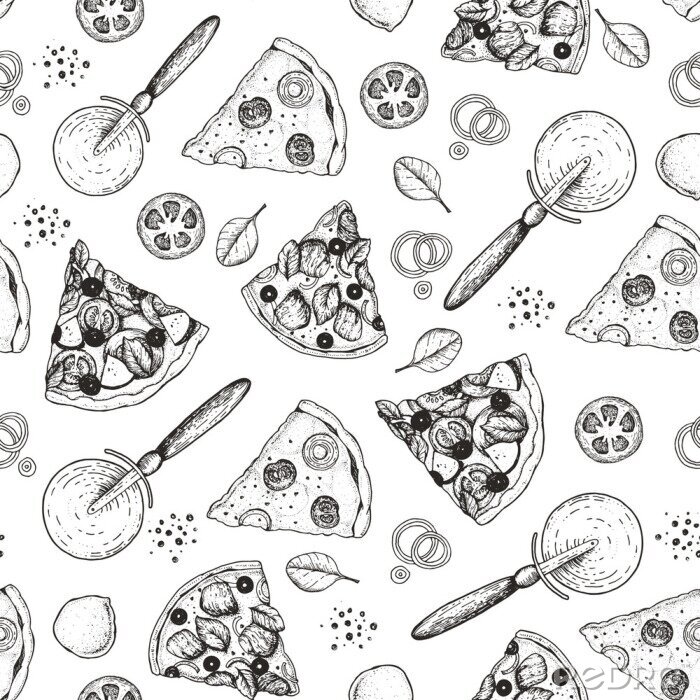 Papier peint à motif  Tranches de pizza et ingrédients esquissés sur fond blanc