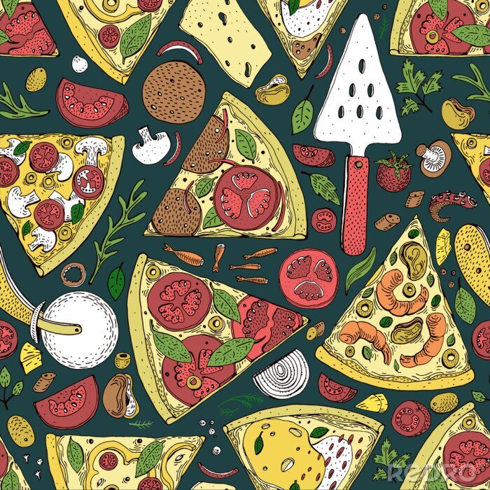 Papier peint à motif  Tranches de pizza graphiques et ingrédients