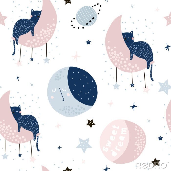 Papier peint à motif  Transparente motif enfantin avec des chats sur les lunes et le ciel étoilé. Texture créative d'enfants pour le tissu, l'emballage, le textile, le papier peint, l'habillement. Illustration vectorielle