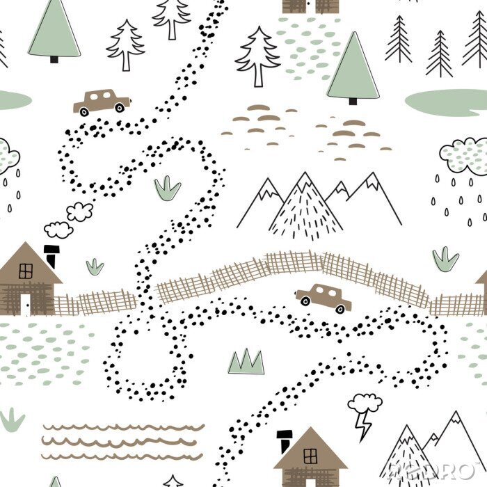Papier peint à motif  Transparente motif enfantin avec maison, arbres, montagnes et voitures. Nature paysage de texture pour le tissu des enfants, emballage, textile, papier peint, vêtements. Illustration graphique de styl