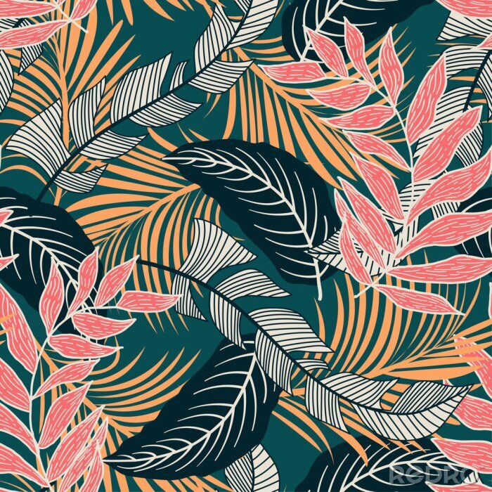 Papier peint à motif  Trend seamless pattern with colorful tropical leaves and plants on green background. Vector design. Jungle print. Flowers background. Printing and textiles. Exotic tropics. Fresh design.