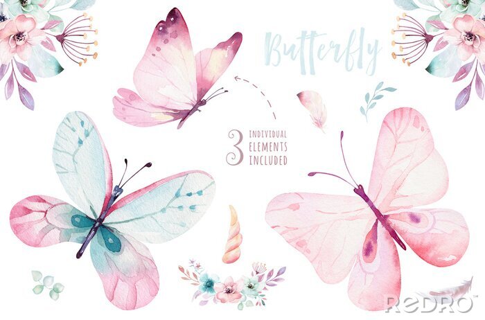 Papier peint à motif  Trois papillons pastel et compositions florales