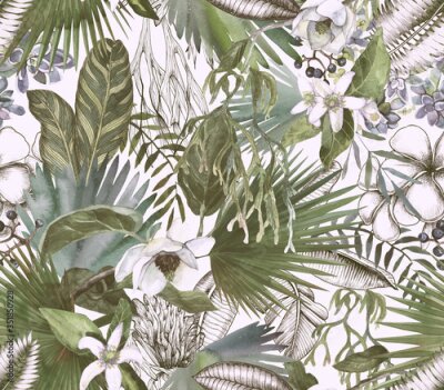 Papier peint à motif  Tropical black and white print with watercolor color spots. Tropical background with flowers and leaves.