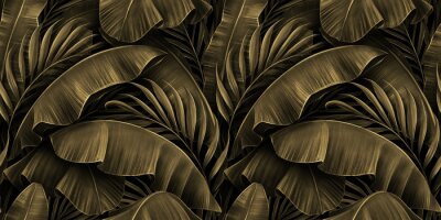 Papier peint à motif  Tropical exotic seamless pattern. Grunge golden banana leaves, palm. Hand-drawn dark vintage 3D illustration. Nature abstract background design. Good for luxury wallpapers, cloth, fabric printing.