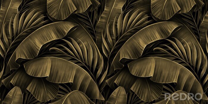 Papier peint à motif  Tropical exotic seamless pattern. Grunge golden banana leaves, palm. Hand-drawn dark vintage 3D illustration. Nature abstract background design. Good for luxury wallpapers, cloth, fabric printing.