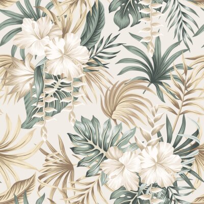 Papier peint à motif  Tropical floral foliage palm leaves, hibiscus flower seamless pattern beige background. Exotic jungle wallpaper.