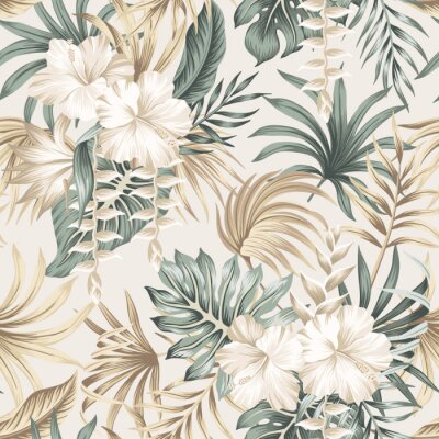 Papier peint à motif  Tropical floral foliage palm leaves, hibiscus flower seamless pattern beige background. Exotic jungle wallpaper.