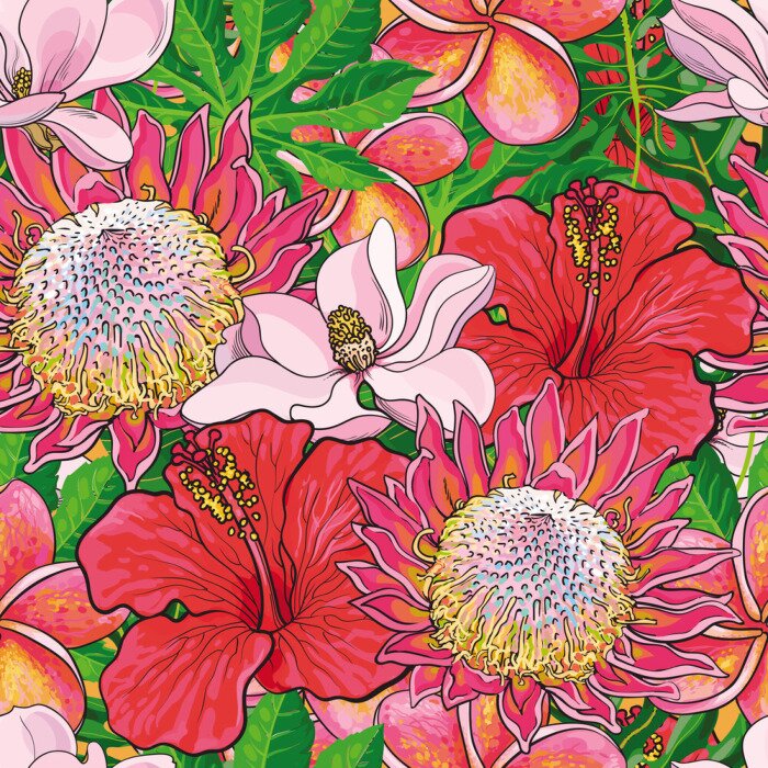 Papier peint à motif  Tropical flowers seamless pattern with hand drawn exotic blooms of hibiscus, protea, magnolia and plumeria with green palm leaves. Colorful floral vector illustration in sketch style.