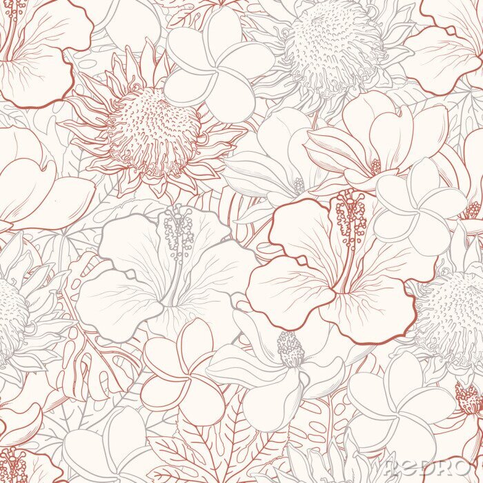 Papier peint à motif  Tropical flowers seamless pattern with white hand drawn exotic blooms of hibiscus, protea, magnolia and plumeria and palm leaves with colorful line contour. Floral vector illustration in sketch style.