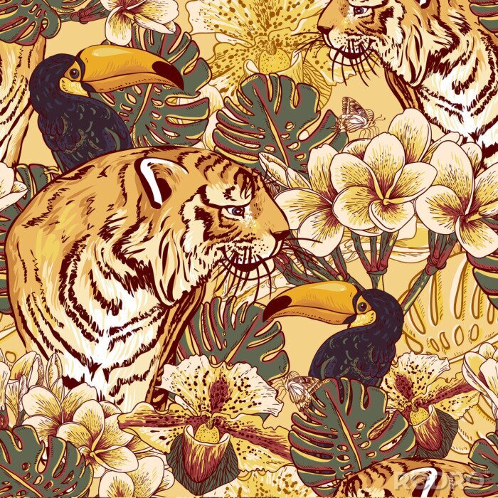 Papier peint à motif  Tropical fond floral avec Tiger