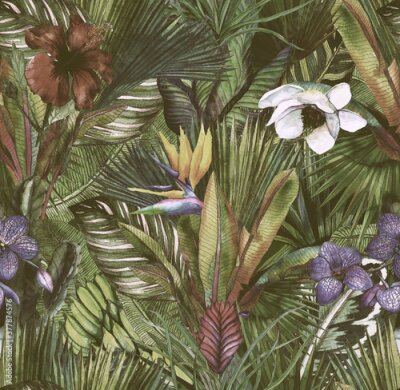 Papier peint à motif  Tropical leaves hand-drawn by watercolor. Seamless tropical pattern. Stock illustration