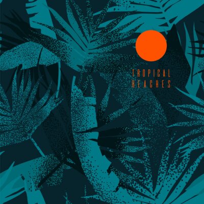 Papier peint à motif  Tropical leaves pattern. Seamless texture with banana leaves and palm tree leaf. Banner for the travel and tourism industry, summer season. Dark blue floral design element.