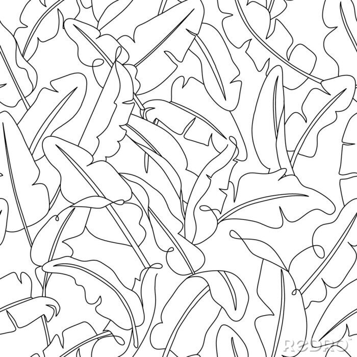 Papier peint à motif  Tropical leaves seamless pattern. Hand drawn outline banana leaf background. Modern line art, aesthetic contour. Vector illustration, black and white design    