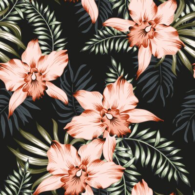 Papier peint à motif  Tropical orchid flowers and palm leaves bouquets, black background. Vector seamless pattern. Jungle foliage illustration. Exotic plants. Summer beach floral design. Paradise nature