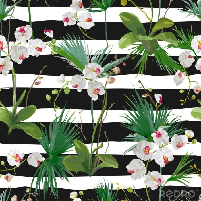 Papier peint à motif  Tropical, paume, feuilles, orchidée, fleurs, fond Seamless Pattern