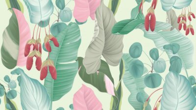 Papier peint à motif  Tropical plants seamless pattern, tropical foliage and Red maple seeds on light green background, pastel vintage theme