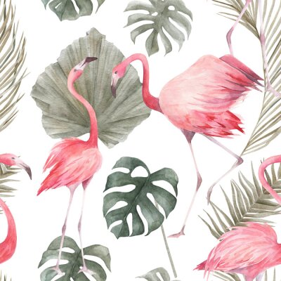 Papier peint à motif  Tropical seamless pattern with flamingo and leaves. Watercolor vintage summer print. Exotic hand drawn illustration