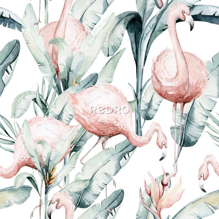 Papier peint à motif  Tropical seamless pattern with flamingo. Watercolor tropic drawing, rose bird and greenery palm tree, tropic green texture, exotic flower