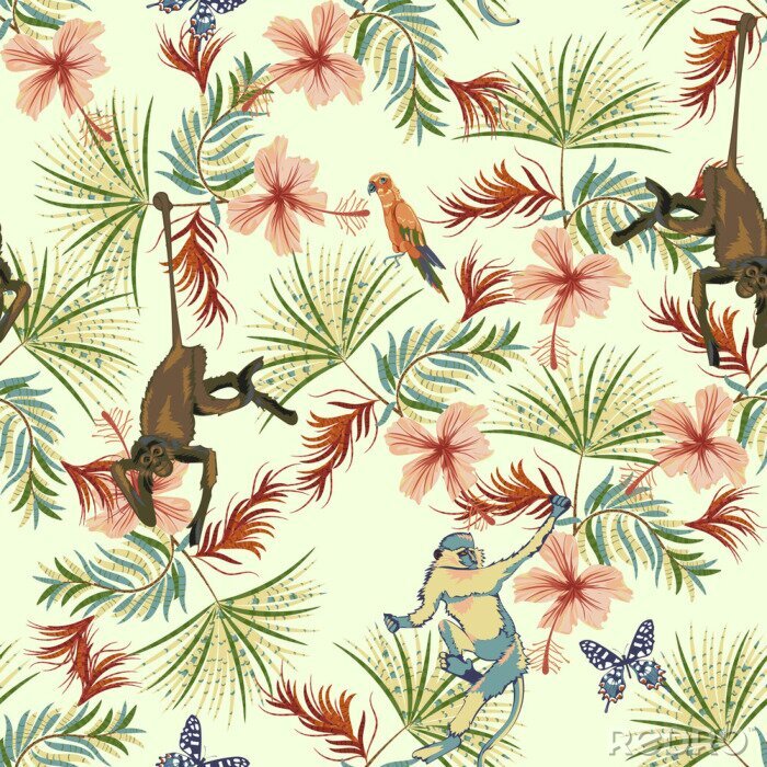 Papier peint à motif  Tropical seamless pattern with flowers, monkey and parrots. Vector floral patch for print