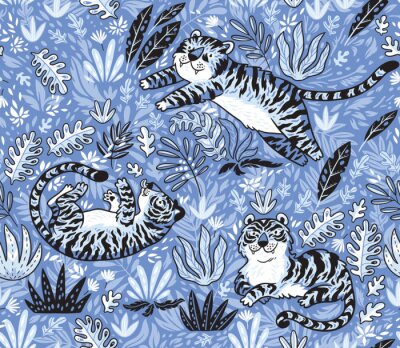 Tropical seamless pattern with funny tigers in cartoon style. Vector illustration in blue colors
