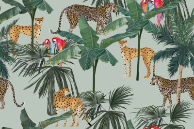 Papier peint à motif  Tropical seamless pattern with palm trees, parrots and leopards. Summer jungle background. Vintage vector illustration. Rainforest landscape