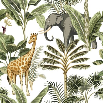 Papier peint à motif  Tropical vintage elephant, giraffe wild animals, palm tree and plant floral seamless pattern white background. Exotic jungle safari wallpaper.