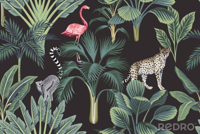 Papier peint à motif  Tropical vintage wild animals, flamingo, palm trees, banana tree floral seamless pattern dark background. Exotic botanical jungle wallpaper.