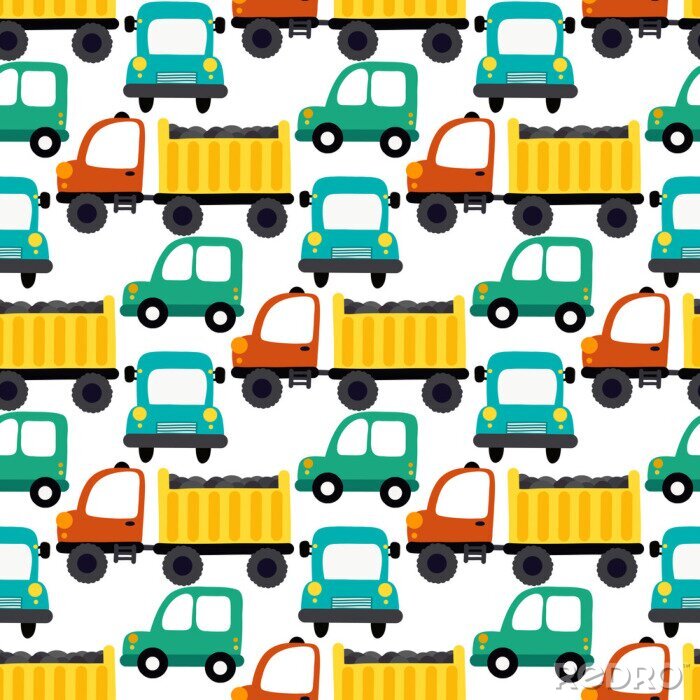 Papier peint à motif  Trucks on the road seamless vector illustration. Design for fabric, wrapping, textile, wallpaper, apparel.