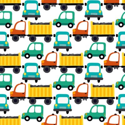 Papier peint à motif  Trucks on the road seamless vector illustration. Design for fabric, wrapping, textile, wallpaper, apparel.
